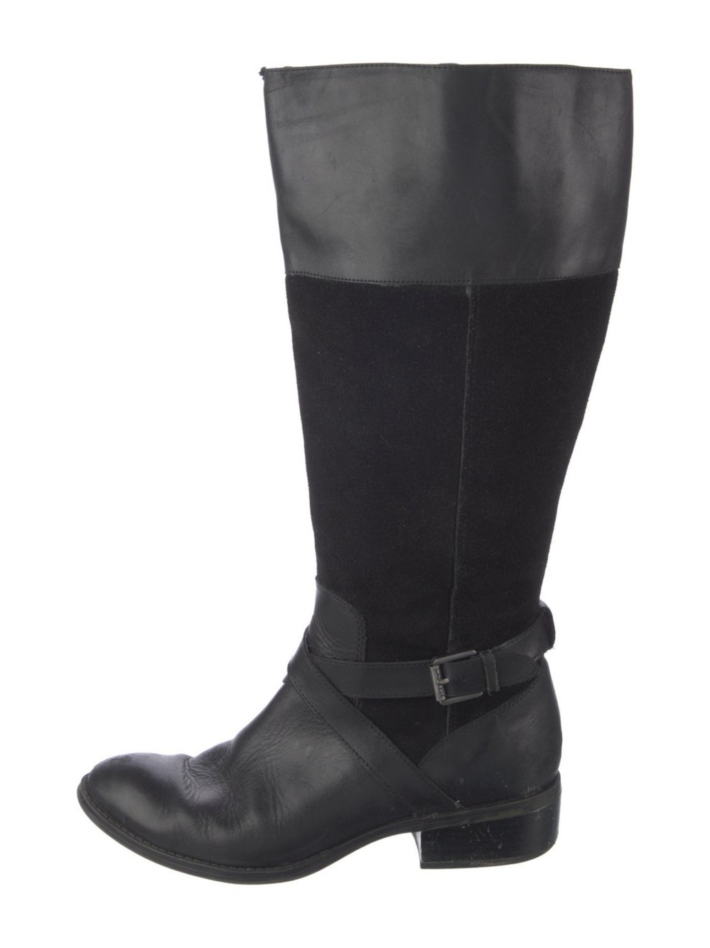 Ralph Lauren Black leather knee-high boots with suede panel and buckle detail #k